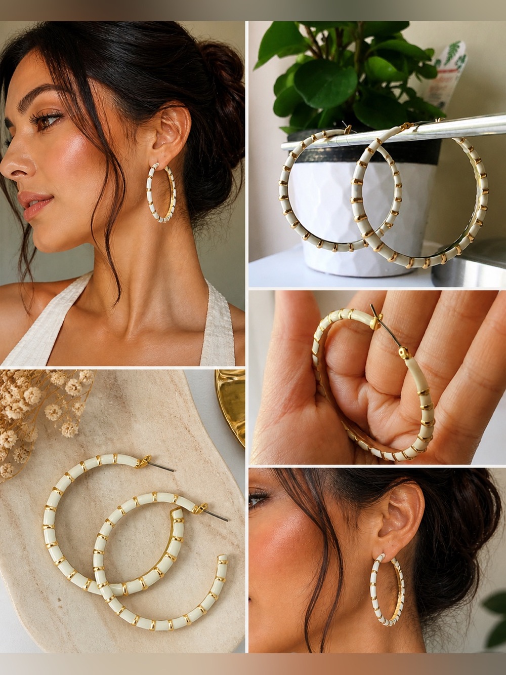 Gold White Bamboo Hoop Earrings Boho Chic Lightweight Statement Hoops
